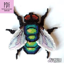 3D Fly cross stitch pattern PDF. plastic canvas pattern, realistic insect cross stitch pattern & tutorial, DIY decor