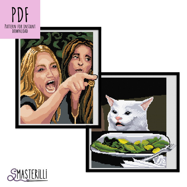 Two women yelling at cat meme cross stitch pattern PDF by Smasterilli.JPG