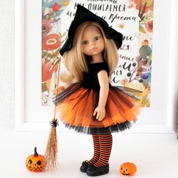 Witch costume for Paola Reina doll, Siblies RRFF doll, 13 inch doll clothes, orange and black doll outfit for Halloween