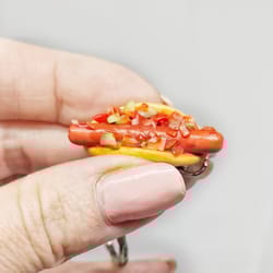 realistic hot dog on keychain, food keychain, gift idea, fast food on keychain, bag accessory, keychain with decor