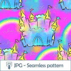 Princess Castle Pink 1 JPG file Seamless pattern Digital Paper Princesses Design Repeating template Rainbow Download