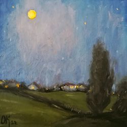 Painting the Night Counryside Landscape Art Original Artwork Landscape Small Painting