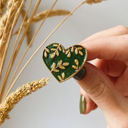 Wooden brooch GREEN HEART, handmade brooch