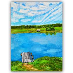 Landscape Painting Sunny Day on Lake Original Art Oil Canvas Painting Landscape Wall Art by LarisaRay