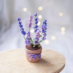 miniature lavender in a pot, tiny crochet lavender, lavender bouquet, mini plant pot, small violet flower, fake lavender