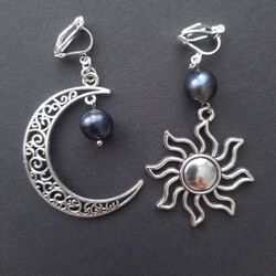 Moon and sun clip on earrings, pearls dangle gothic clip on earrings