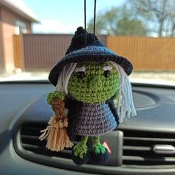 Crochet car hanging witch, Halloween car accessories, rear view mirror decor witch, Halloween gift for women