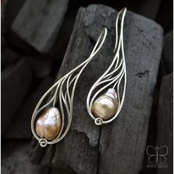 Pearl earrings Wire wrap earrings 925 Sterling silver elven earrings Baroque pearl earrings
