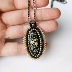 Black Enamel Flower Pendant Necklace embroidered oval beaded pendant minimalistic tiny