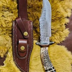 damascus knife with stag handle