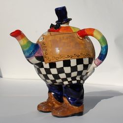 Fancy teapot.Ceramic whimsical sculpture.Porcelain figurine Teapot on legs Pop art style rainbow man collectible teapot