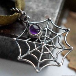 Sterling silver spiderweb pendant. Halloween stone necklace