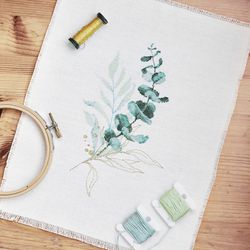 Eucalyptus cross stitch pattern, plant cross stitch, botanical embroidery
