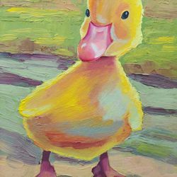 Cute Duckling Original Oil Art On The Cardboard