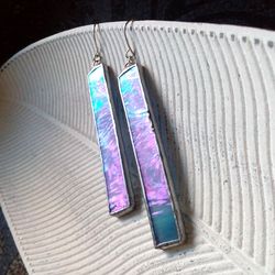Iridescent stained glass blue earrings, cute rectangle earrings, dichroic earrings, duochrome earrings
