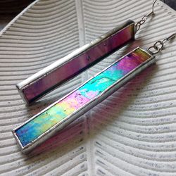 Iridescent stained glass earrings, cute rectangle earrings, dichroic earrings, duochrome earrings