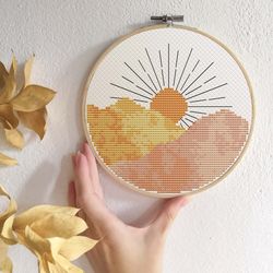 PDF cross stitch pattern Instant download Sunset cross stitch Abstract landscape Mountains hoop art DIY