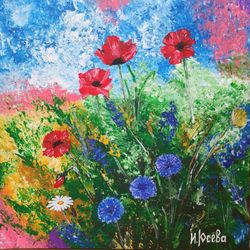 wildflowers painting flower field original art meadow artwork daisies cornflower poppies art by artroom22