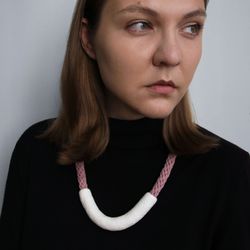 White U shape necklace with pink cord, polymer clay and cotton contemporary jewelry