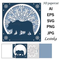 3d greeting card, bear on mandala background, papercut