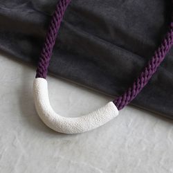White U shape necklace with purple cord, polymer clay and cotton contemporary jewelry