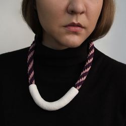 White U shape necklace with purple and pink cord, polymer clay and cotton contemporary jewelry