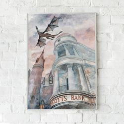 Gringotts bank watercolor art, Download printable poster, Harry Potter gift, Kidsroom wall art, Above bed decor