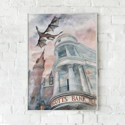 gringotts bank watercolor art, download printable poster, harry potter gift, kidsroom wall art, above bed decor