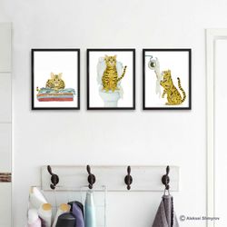 Bathroom Bengal Cat Print set of 3 Cat Art, Cat Decor, Watercolor Painting, Bathroom Art, Cat Lover Gift