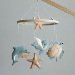Ocean mobile for crib with a turtle, a dolphin and a whale, Nautical nursery mobile, Neutral baby mobile