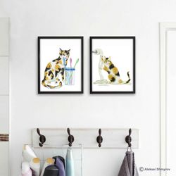 Bathroom Calico Cat Print set of 2 Cat Art, Cat Decor, Watercolor Painting, Bathroom Art, Cat Lover Gift