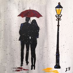 Couple Painting Romantic Original Art Umbrella Artwork Rain Painting by ArtRoom22
