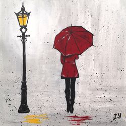 Umbrella Painting Rain Original Art Woman with Umbrella Artwork Rainy Day Painting by ArtRoom22