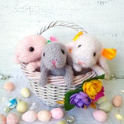 Soft plush animal bunny. Bunny knitted amigurumi. Knitted hare in basket. Bunnies handmade small toy. Toys Easter bunnys