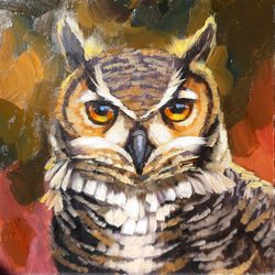 Owl Painting Bird Original Art Owl Artwork Impasto Oil Painting Small 8 by 8 inches