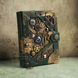 Steampunk notebook Green blank journal Black page diary "By the wings of time" Blank notebook for women Vegan notebook