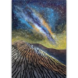 Desert painting Galaxy Original art Night sky watercolor Celestial wall art by Rubinova