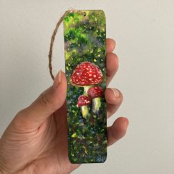 Hand Painted Bookmark, Gouache Painting On Wood, Mushroom Art, Mushroom Bookmark