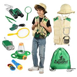 Play Brainy Outdoor Explorer 11 pc Pretend Play Dress Up Set with Safari Vest, Hat, Butterfly Net, Bug Catcher and More!