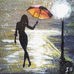 Umbrella Painting Girl Original Art Rain Painting Romantic Artwork Dancing in the Rain by ArtRoom22