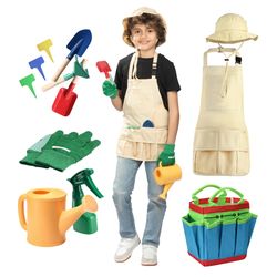 Play Brainy 12 pc Kids Gardening Tools Set with Metal Spade, Rake, Shovel, Hat, Apron, Spray Bottle, Tote Bag & More