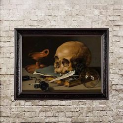 Still Life with a Skull and a Writing Quill. Pieter Claesz. Philosophical poster. Gothic Still Life home decor. 532.