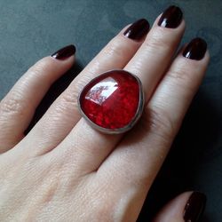 BIG red Glass ring, Scarlet witch ring, Witchy aesthetic, Blood ring, Fused ring, Fusing ring, Tin soldered ring