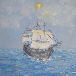 Sailboat Oil Painting White Sailboat Original Art Wall Art Sky Seascape Morning Calm, 8x6 inch