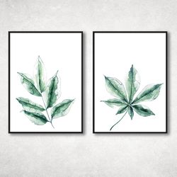 Watercolor painting printable, Set of 2 Botanical Print set, Botanical posters, Green Wall Art, Watercolor green leaves