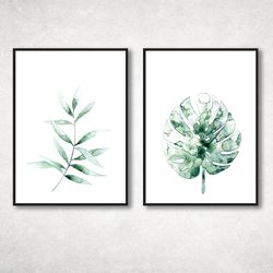 Watercolor Leaves Print, Set of 2 Botanical Print set, Plant Home Decoration Wall Art, Monstera Print, Green Wall Art