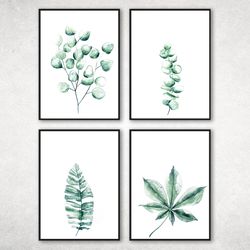 Watercolor Art Print, Green Leaves Print Set of 4, Green Printable Wall Art, Modern Wall Decor art, Botanical Print
