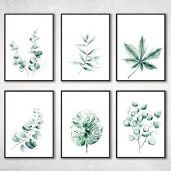 Watercolor painting printable, Set of 6 Botanical Print set, Green decorative painting, Minimalist Botanic Painting