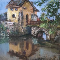 landscape with house painting impressionism original art oil artwork