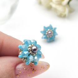 Blue stud earrings for women small beaded earrings  minimalist earrings handmade jewelry